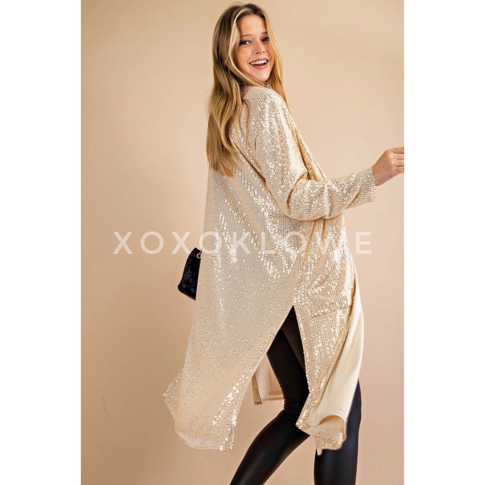 Gold Open Front Sequin Duster Long Fully Lined - image 6